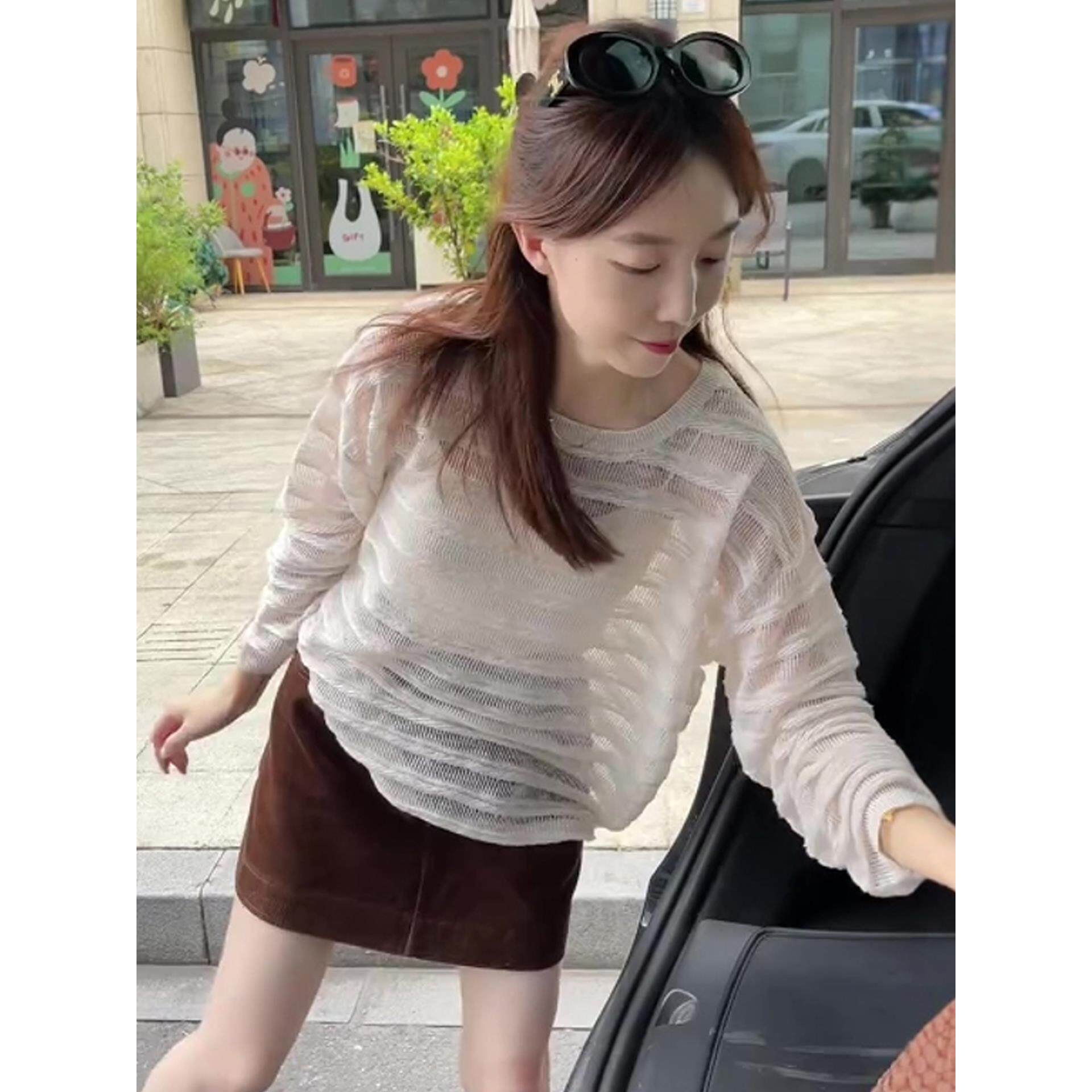 JOYIASS韩系白色圆领长袖针织衫女薄款2025新款秋季穿搭时尚洋气