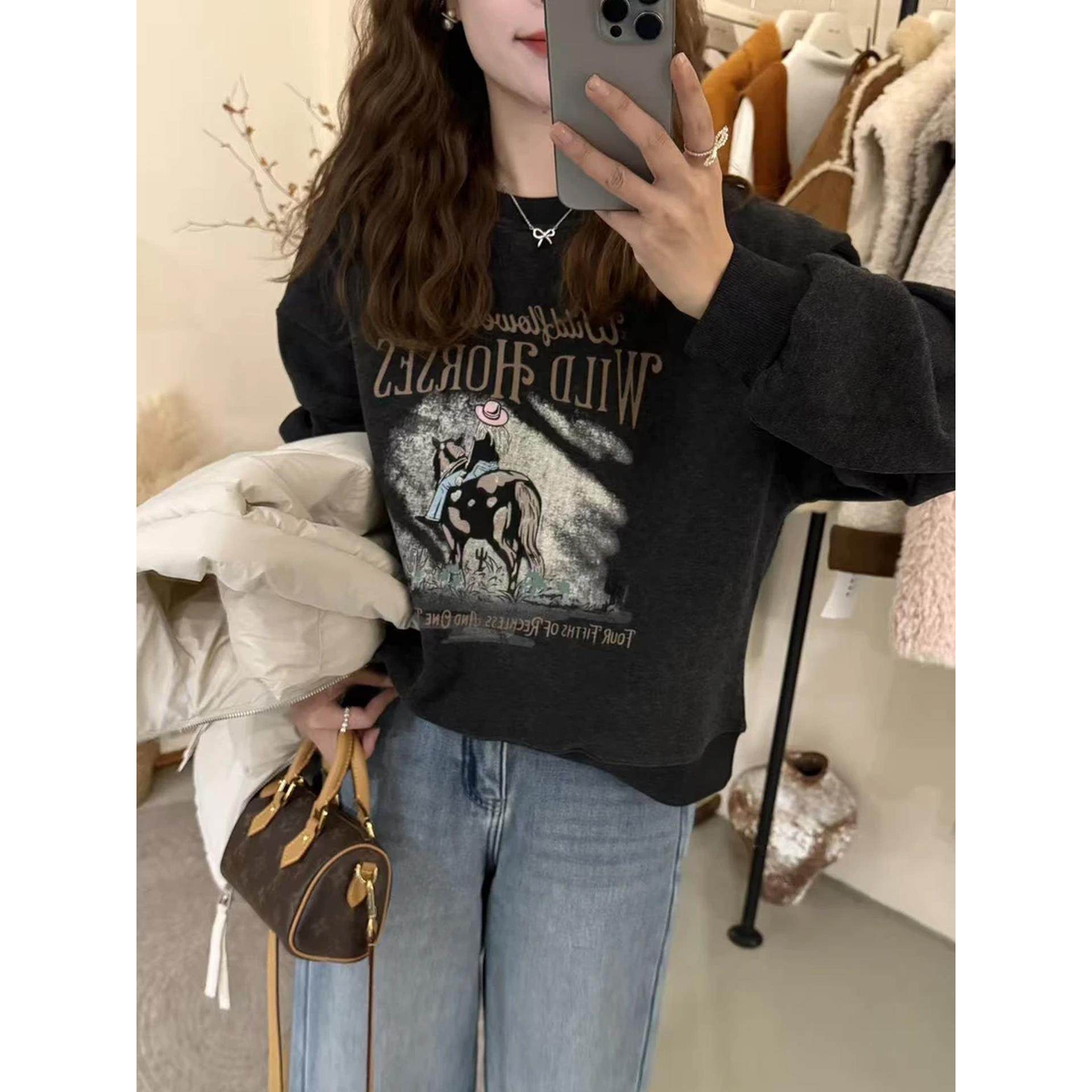 JOYIASS圆领无帽加绒加厚卫衣女款2025新款秋冬季慵懒风时尚洋气