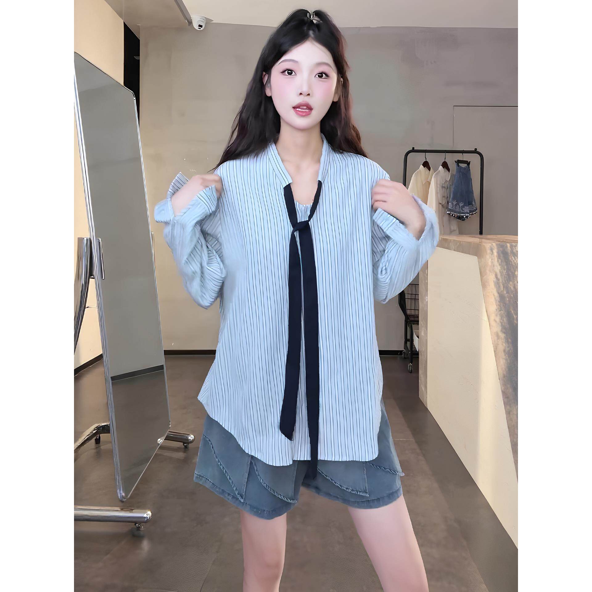JOYIASS蓝色条纹长袖衬衫女款2025新款爆款春秋季高级感轻奢减龄