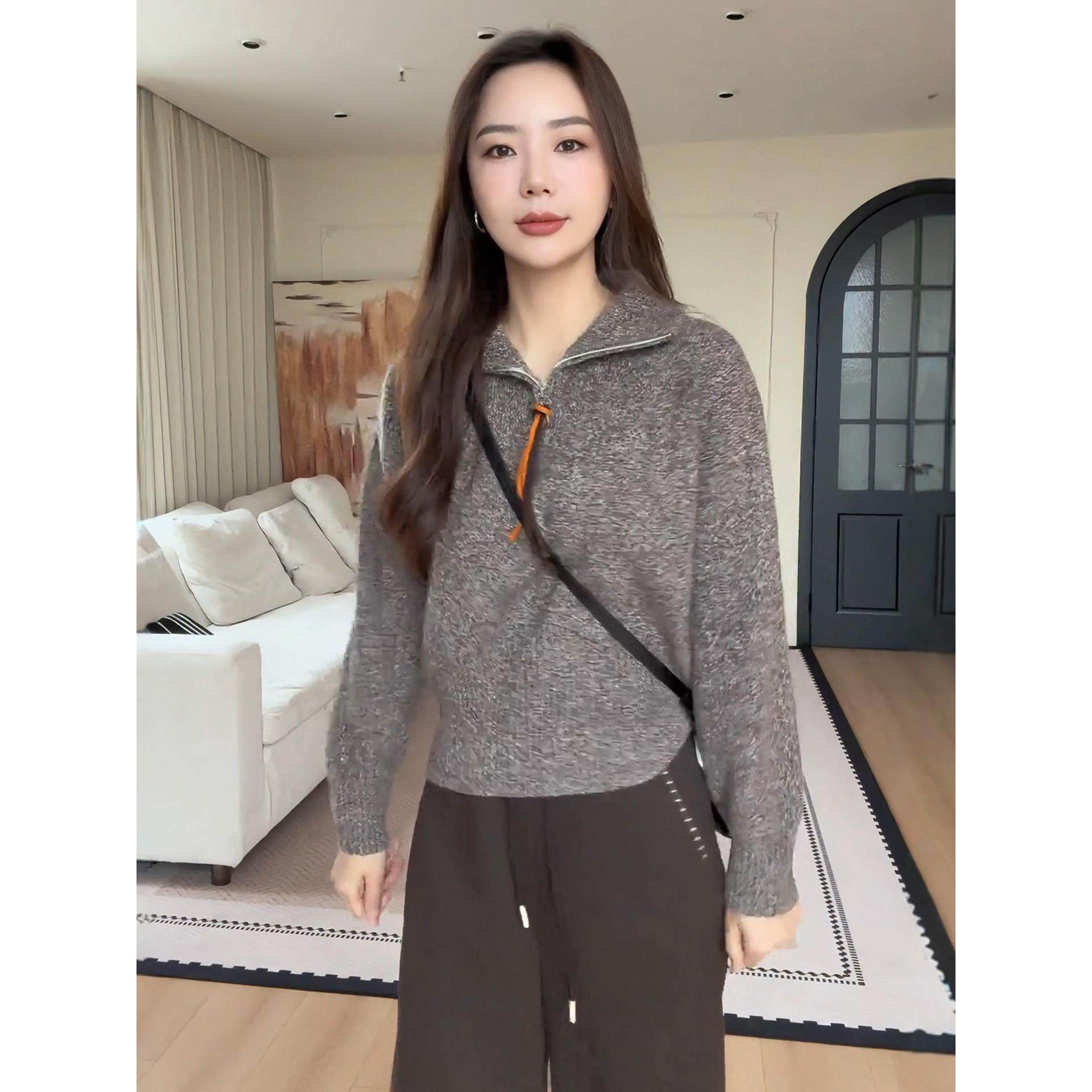 JOYIASS翻领半拉炼毛衣针织衫女款2025新款秋冬季慵懒高级感时尚