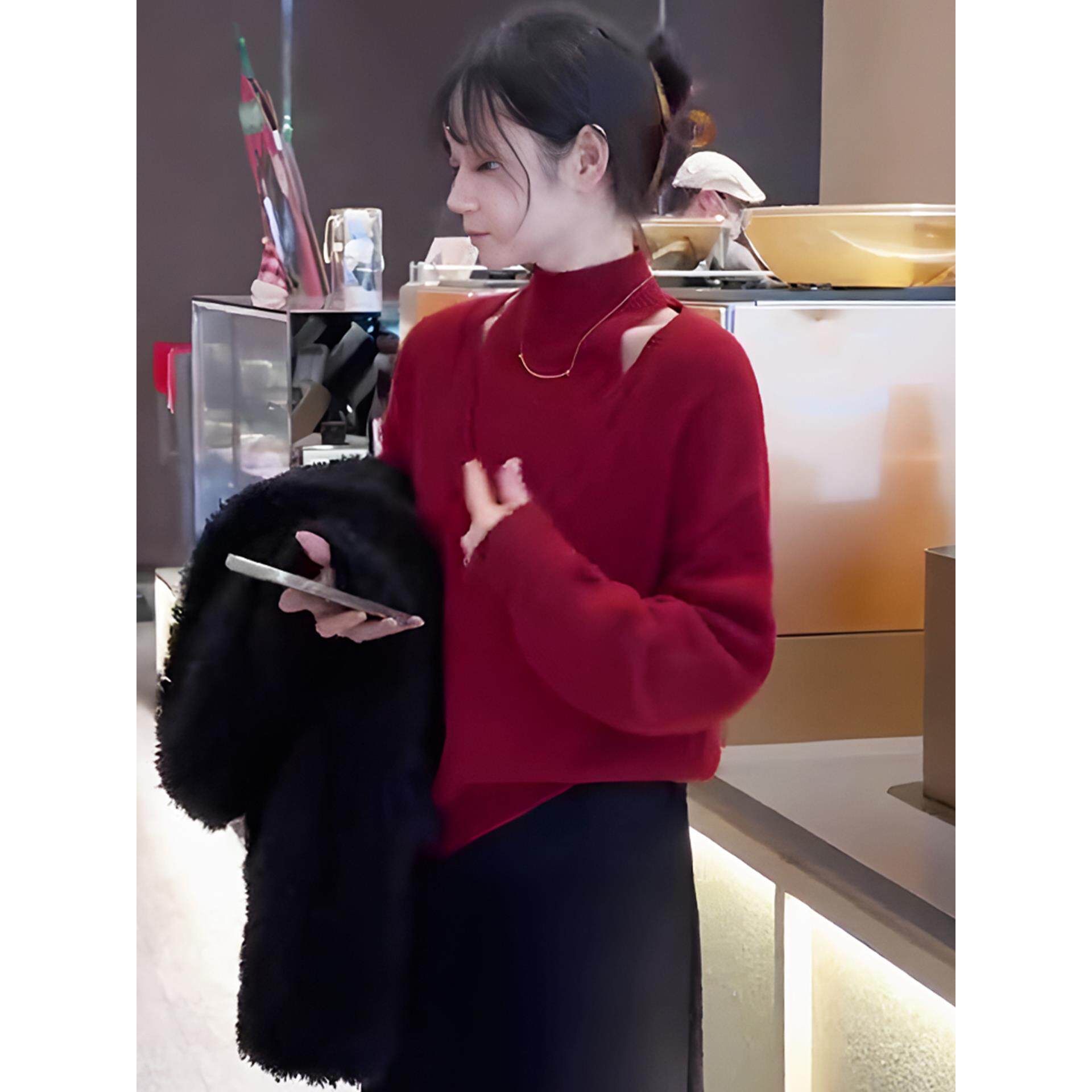 JOYIASS早秋设计感镂空红色长袖针织衫女装2025新款打底衫巨好看