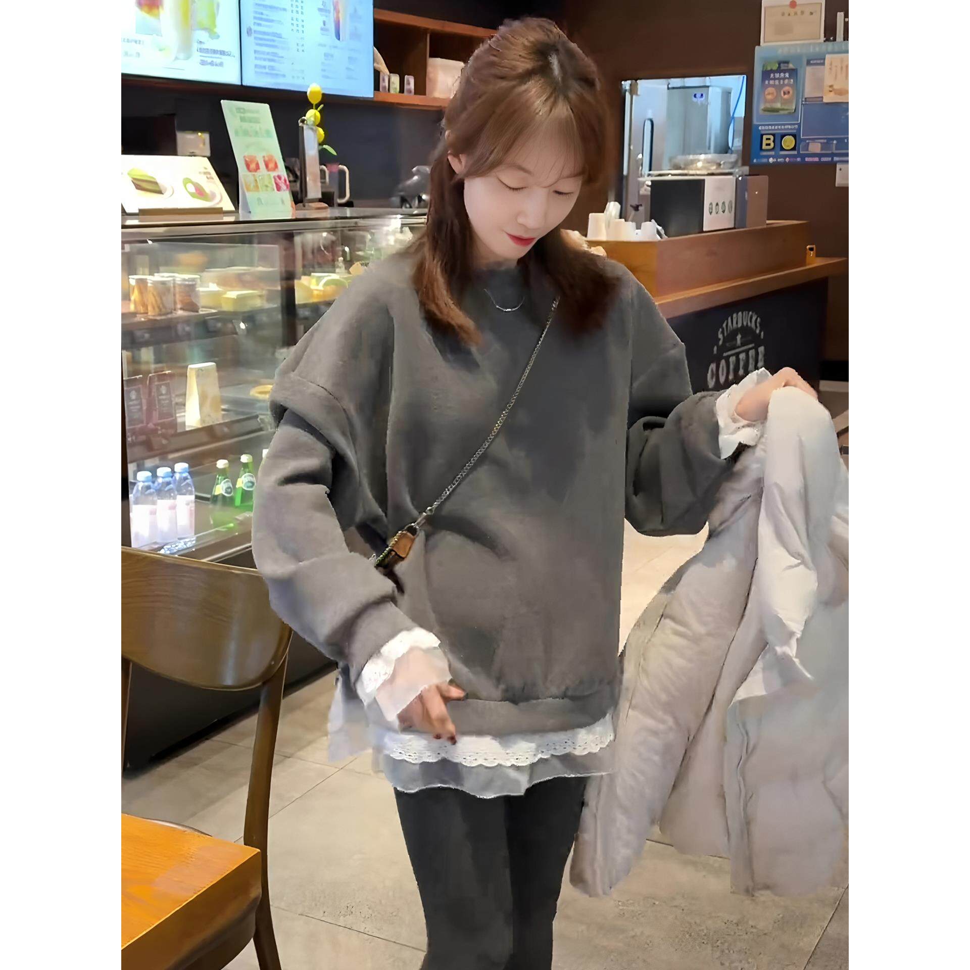 JOYIASS圆领蕾丝边加厚加绒卫衣女2025新款秋冬季中长款上衣女遮