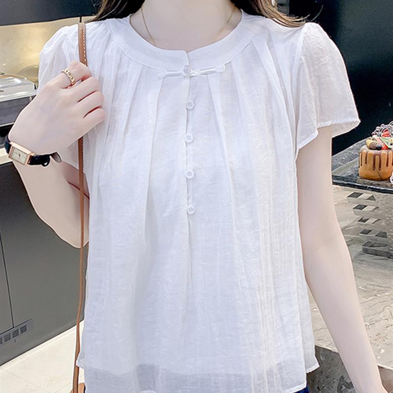 BLLOUKE纽扣雪纺衬衫2025年夏季女士新款今年流行的上衣小衬衫短