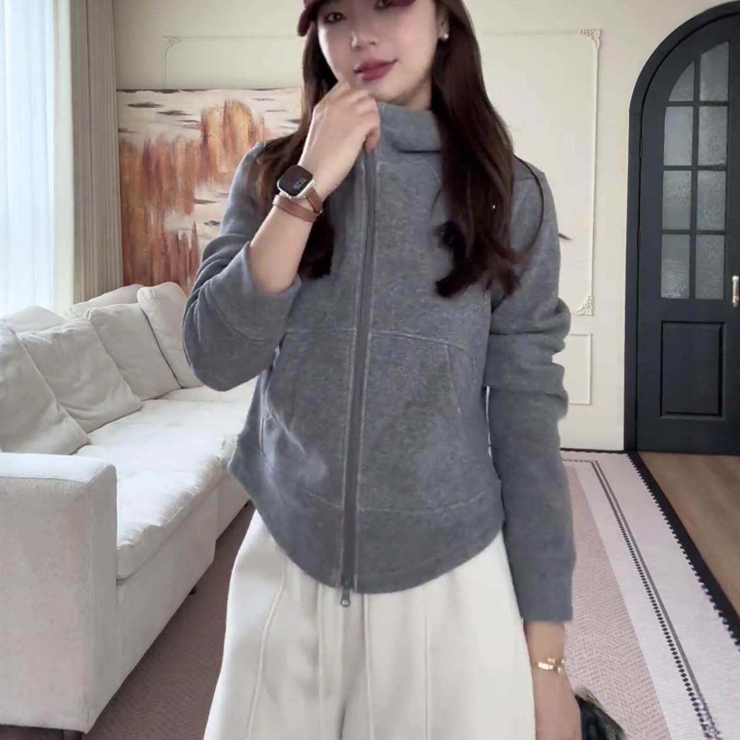 JOYIASS灰色连帽加绒加厚卫衣外套女2025新款秋冬季爆款时尚洋气