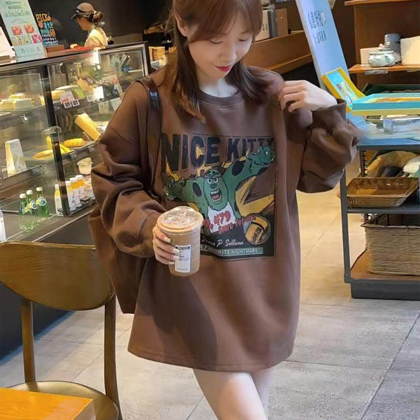 JOYIASS卡通印花圆领长袖卫衣无帽女2025新款秋季时尚洋气宽松慵