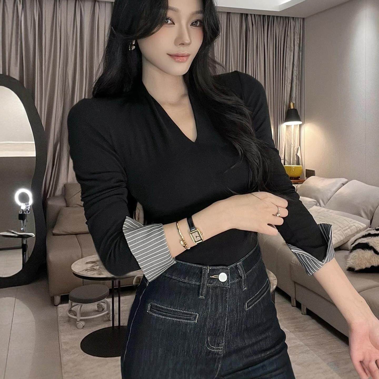 JOYIASS法式条纹拼接v领长袖t恤女2025新款秋冬季内搭打底衫修身