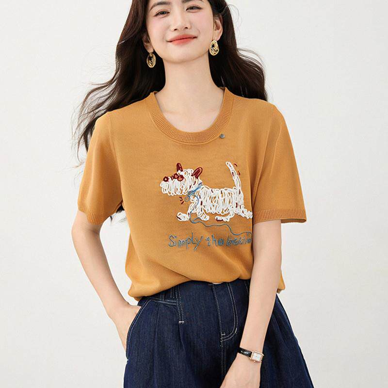BLLOUKE刺绣针织正肩短袖t恤女装夏季2025年新款多巴胺短款修身