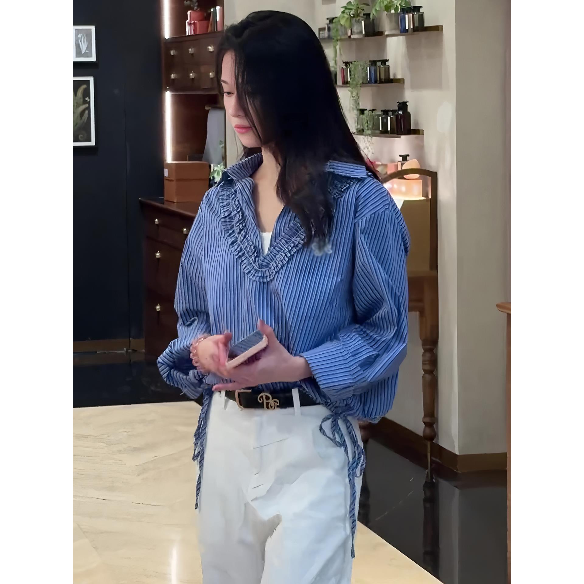 JOYIASS法式蓝色条纹v领长袖衬衫女2025新款秋季独特漂亮超好看绑