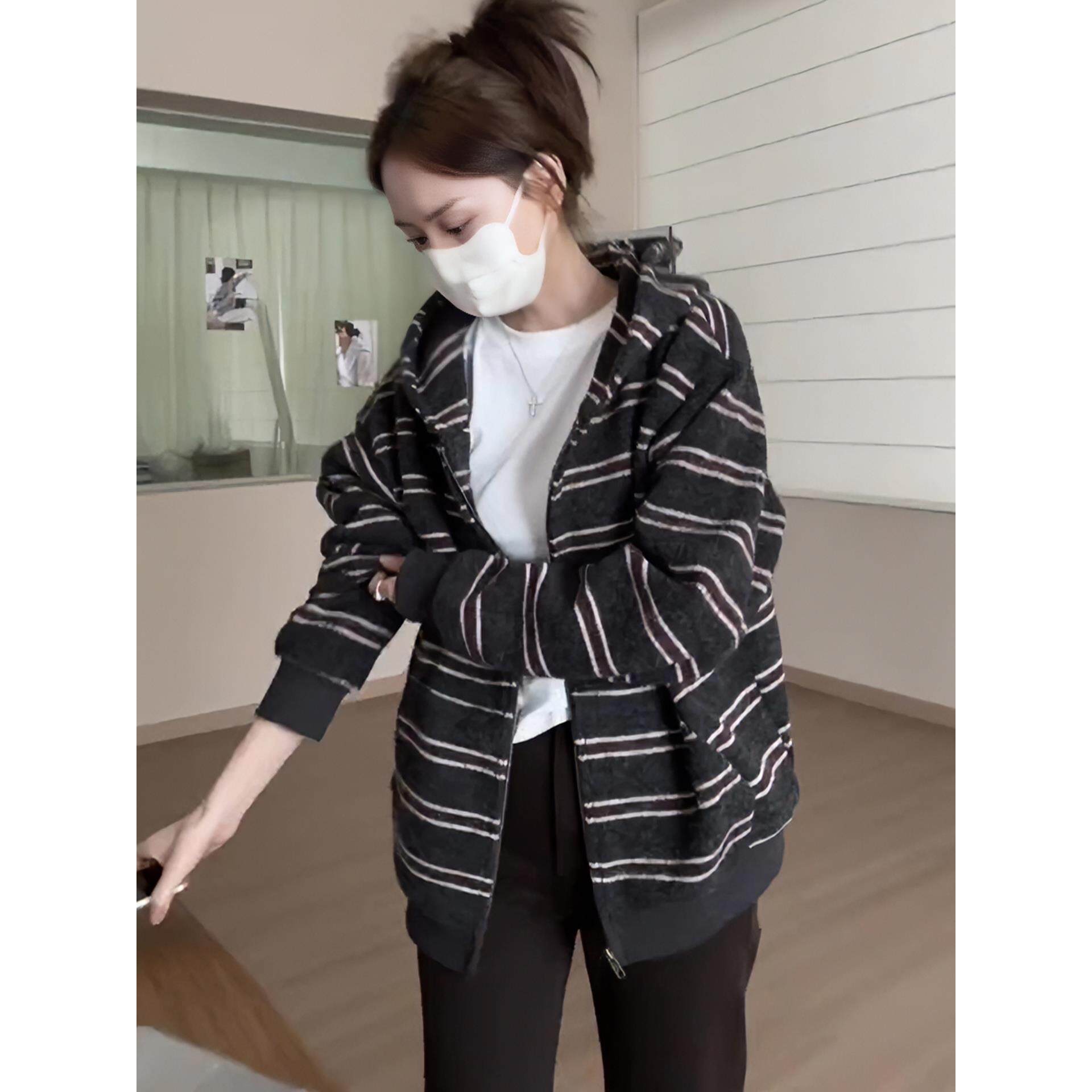 JOYIASS撞色条纹连帽加绒卫衣外套女2025新款秋冬季今年流行爆款