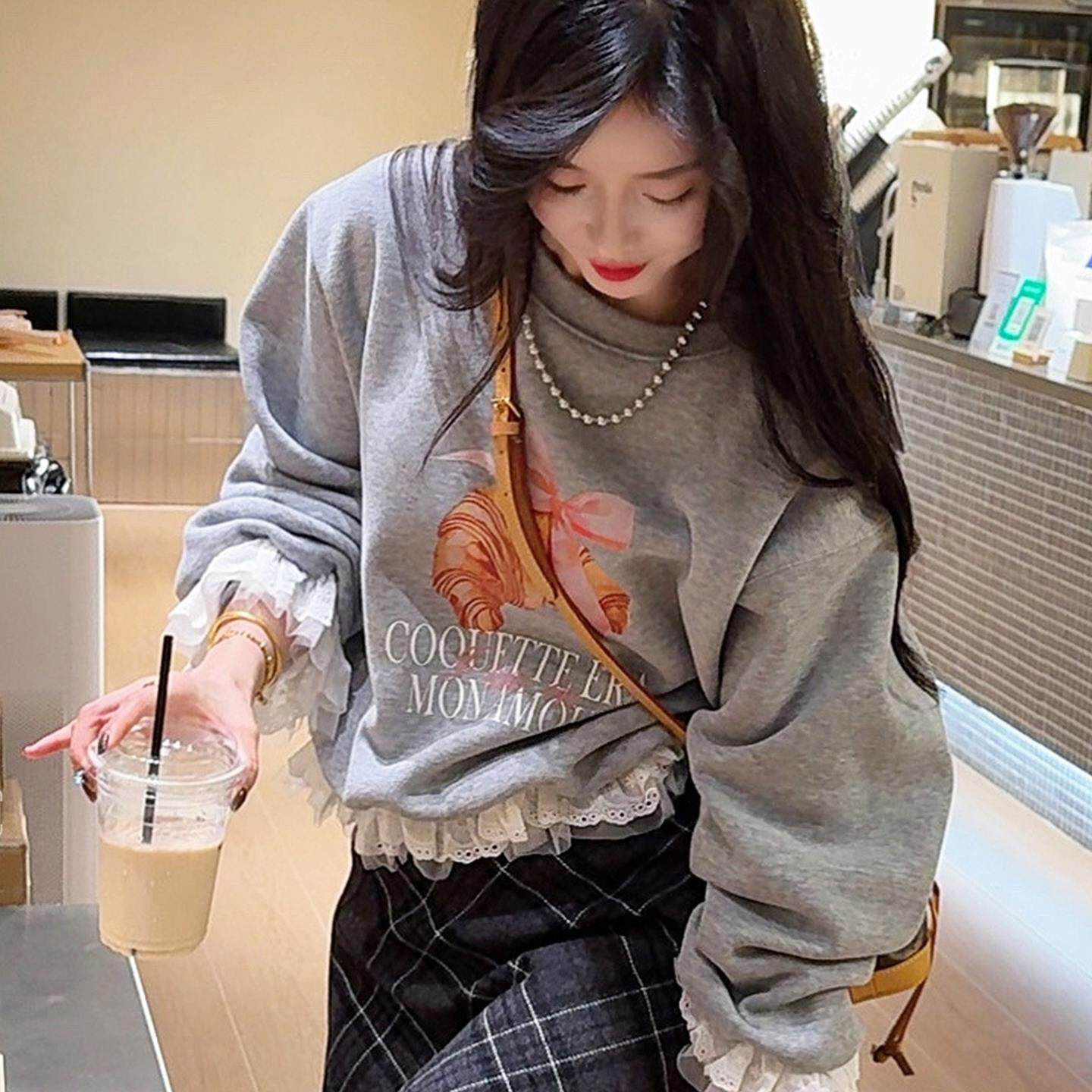 JOYIASS韩系蕾丝花边圆领加绒卫衣女2025新款秋冬季高级感独特超