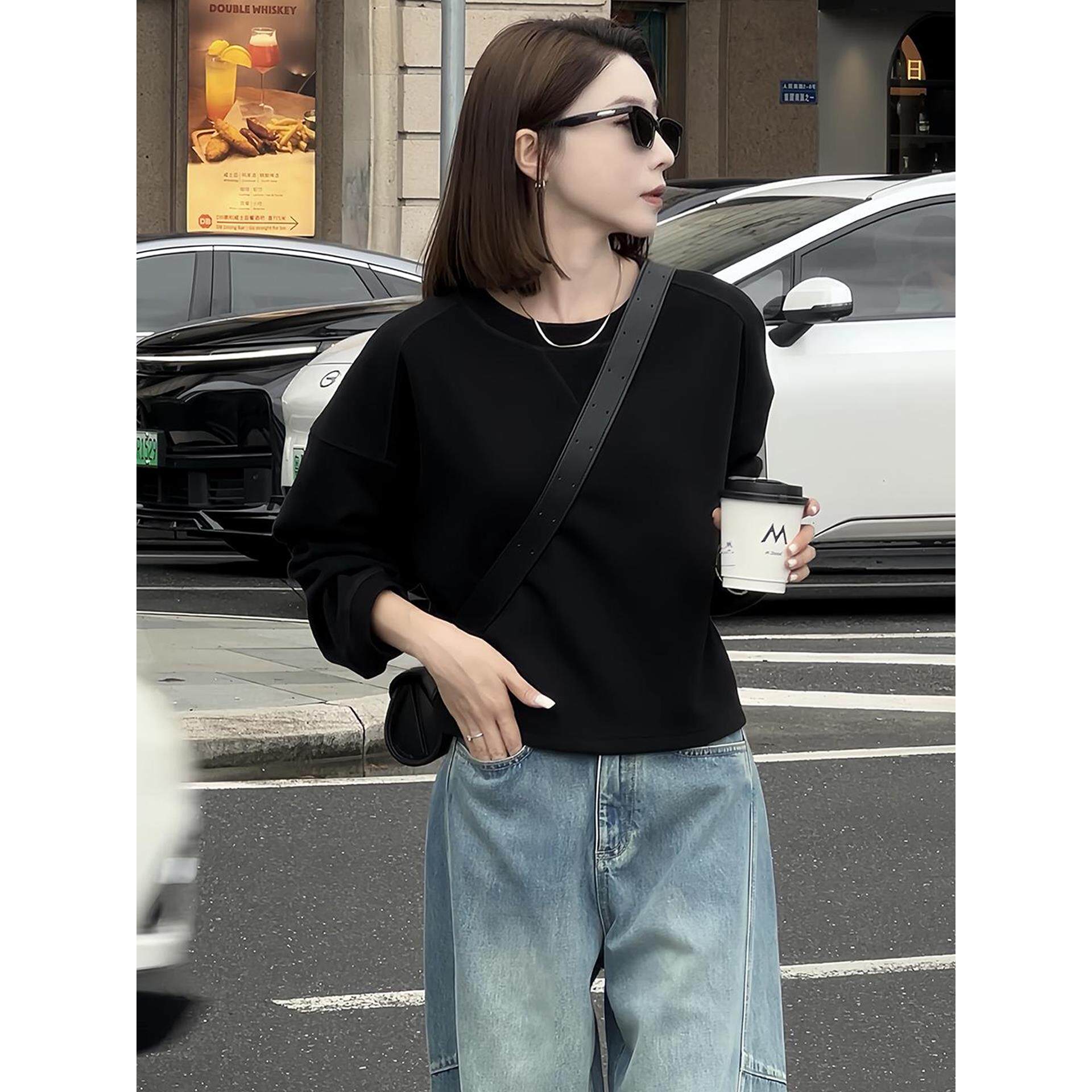 JOYIASS慵懒风灰色圆领长袖卫衣无帽女2025新款秋季爆款时尚洋气