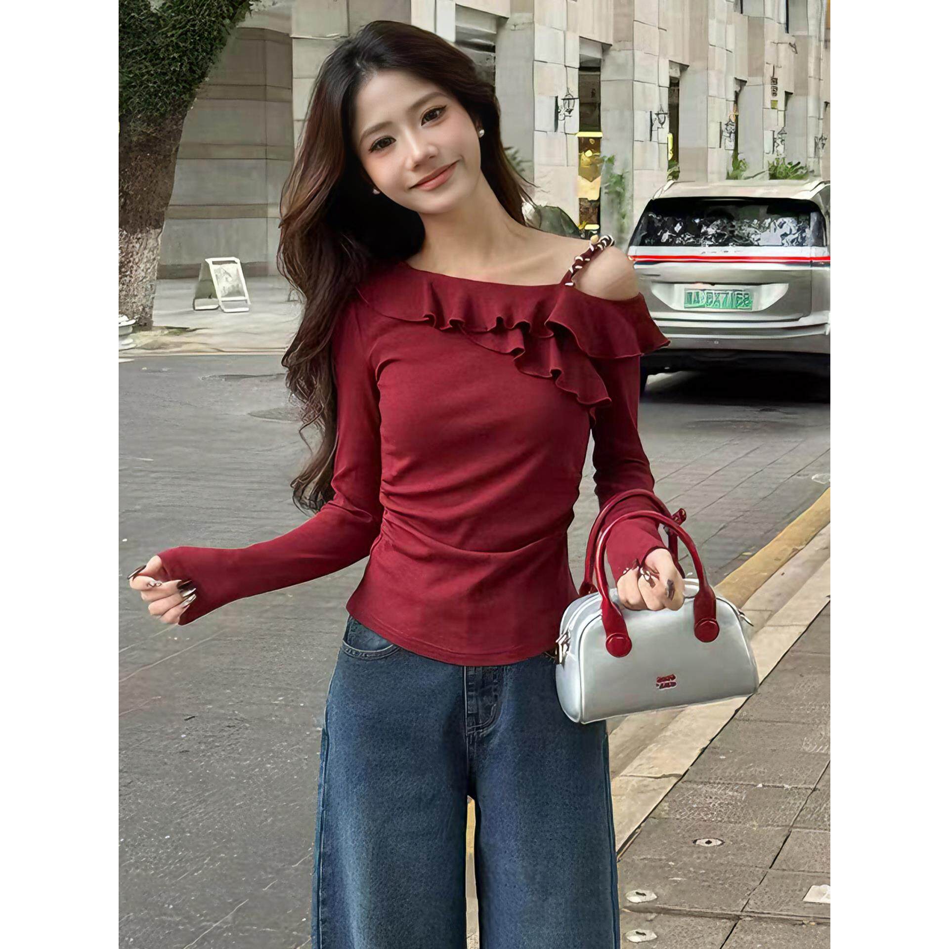 JOYIASS早秋木耳边斜肩露肩长袖t恤女2025新款修身显瘦绝美巨好看