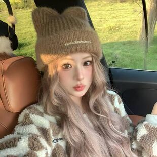 帽子假发女仿真发白金卷发一体可拆秋冬可爱猫耳朵毛绒针织毛线帽