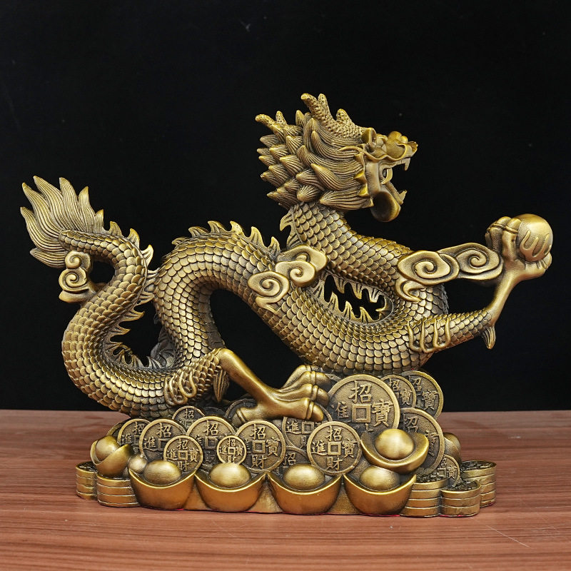 黄金万两龙铜龙摆件纯黄铜生肖五爪金龙铜制金属工艺品客厅汉龙形