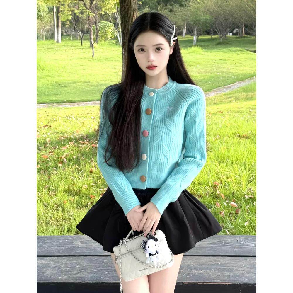JOYIASS蓝色针织开衫毛衣女早秋穿搭小众漂亮氛围感绝美气质短款