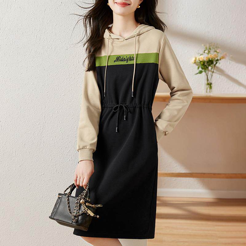 JOYIASS连帽连衣裙女秋薄款2025新款爆款收腰显瘦卫衣裙中长款休