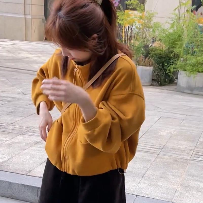 JOYIASS韩系复古短款卫衣外套女秋冬新款时尚设计感减龄宽松抽绳