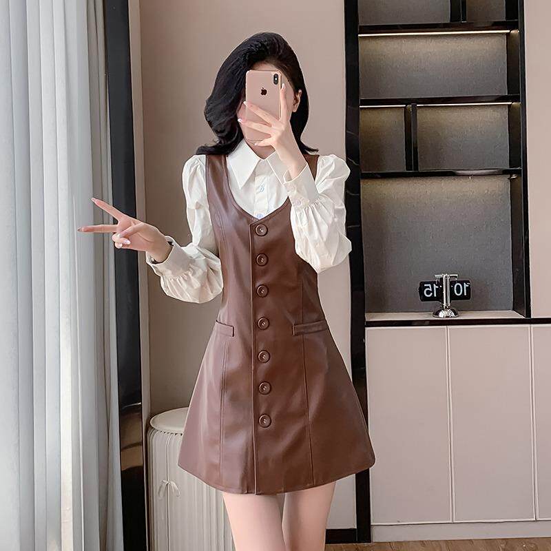 BLLOUKE高级感名媛复古洋气两件套装裙秋冬新款杏色衬衫pu皮裙背