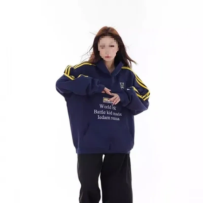 美式男女款帽衫徽章织带上衣连帽休闲百搭ins设计感卫衣撞色复古