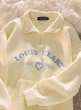 卫衣长袖cuwu软糯刺绣华夫格ins奶油白字母潮女polo衫情侣装