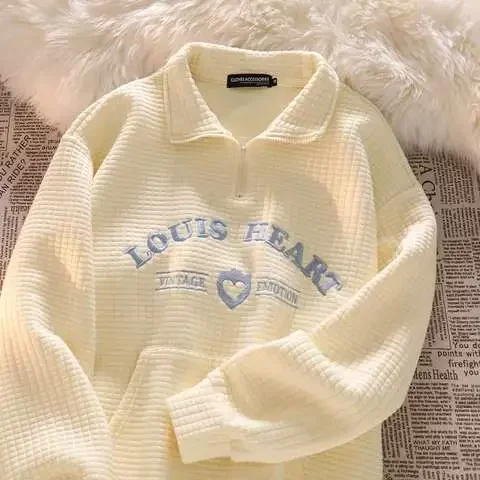 卫衣长袖cuwu软糯刺绣华夫格ins奶油白字母潮女polo衫情侣装