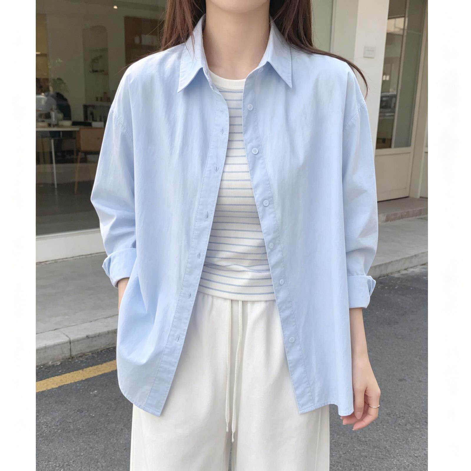 春夏季纯棉蓝色衬衫通勤