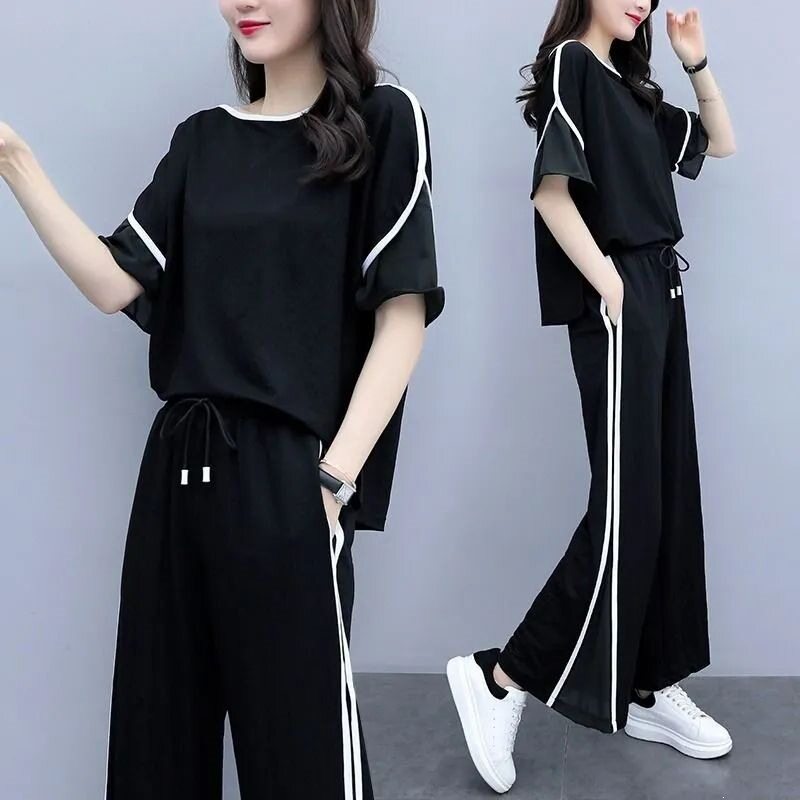 套装女夏装2026新款韩版时尚胖妹妹大码宽松休闲洋气阔腿裤两件套