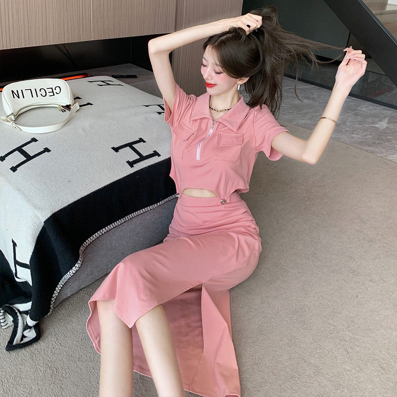 2026春季新款时尚休闲套装女不规则t恤包臀开叉皱褶半身裙两件套
