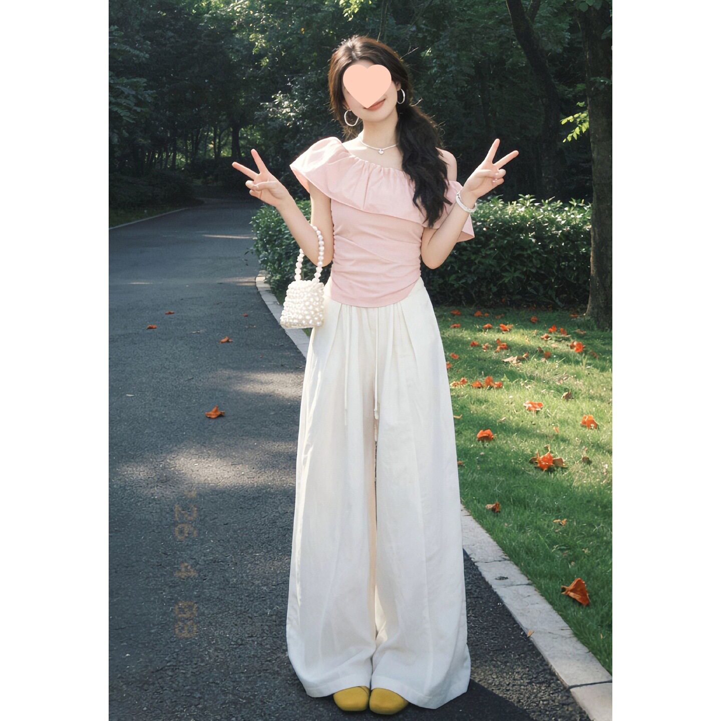 一字肩上衣休闲阔脚裤两件套装女夏季新款巨好看漂亮穿搭