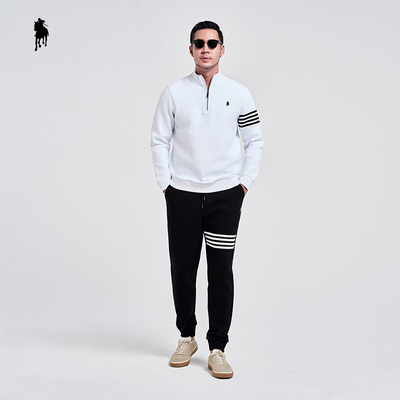 PAOLO GARAGE运动休闲套装男秋冬款长袖立领条纹POLO衫长裤两件套