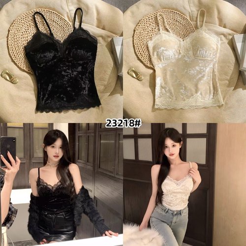 时髦秋冬丝绒蕾丝小吊带自带胸垫