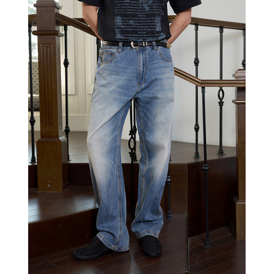 Ntalk 春夏超薄垂感汉麻混纺透气猫须马骝扎花宽松直筒水洗牛仔裤