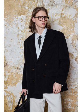 Ntalk 精纺立体线条经典休闲廓形设计枪驳领双排扣毛呢西装外套