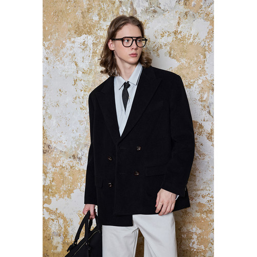 Ntalk 精纺立体线条经典休闲廓形设计枪驳领双排扣毛呢西装外套