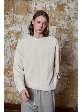 Ntalk 430克麻花肌理针织空气层面料高级米色不规则磨边套头卫衣