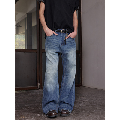 NTALK 砂洗马骝猫须竹节棉纯棉简约水洗做旧牛仔裤