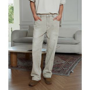 Ntalk 透气耐磨珠帆面料裂痕抄漂马骝水洗宽松直筒松紧腰牛仔裤