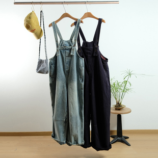 一七然春季新品做旧复古创意拼接显瘦百搭可拆卸背带阔腿牛仔裤女