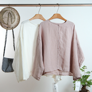 衬衫 一七然日系文艺风圆领纯色宽松休闲高品质麻料长袖 女 新款 春季
