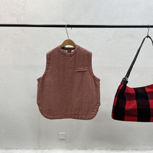 一七然秋冬新款 百搭圆领显瘦休闲麻料夹棉马甲女 复古做旧国风个性