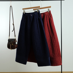 纯色压线棉宽松夹棉休闲裤 新款 一七然冬季 复古简约松紧腰保暖棉裤