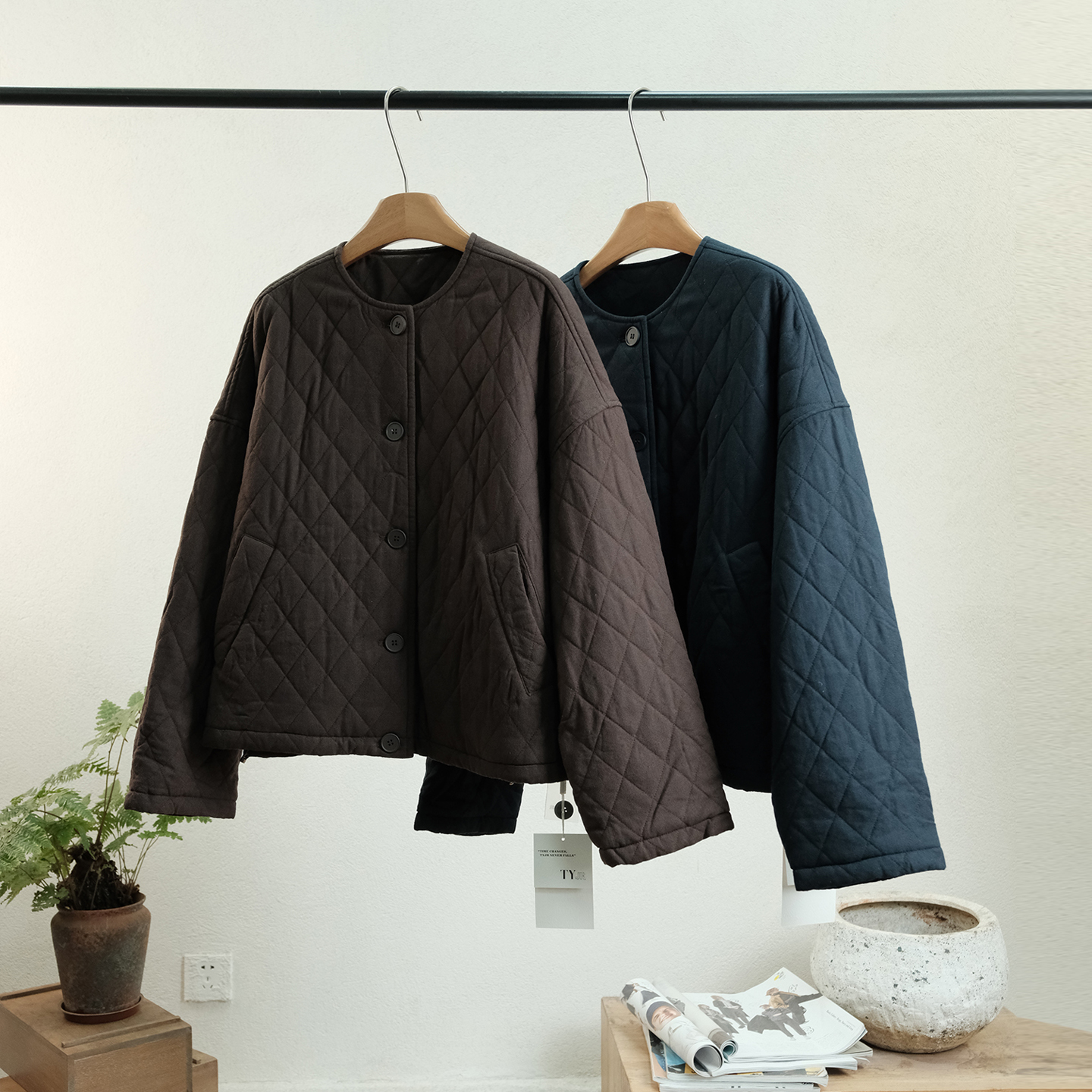 韩版文艺圆领夹棉菱形格棉服外套