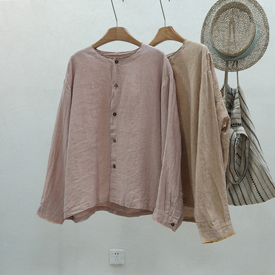 忆古朴拙绣线亚麻休闲单排扣衬衫