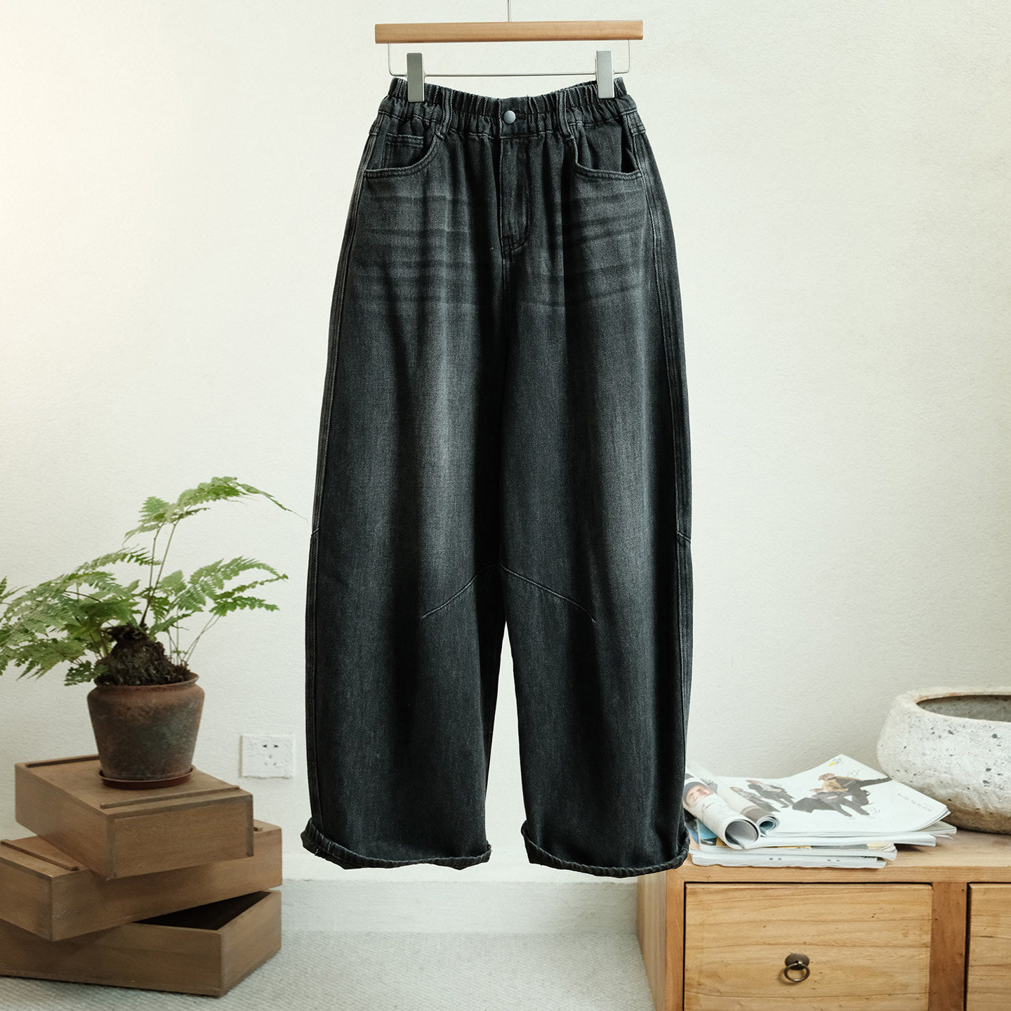 一七然秋季新款复古港风潮流松紧腰压褶拼接个性百搭阔腿牛仔裤女,女装/女士精品,牛仔裤,淘宝优惠券,粉丝福利购,淘宝优惠卷