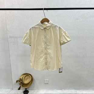 个性 学院风新品 一七然文艺范时尚 女 夏季 单排扣POLO领拼接休闲衬衫