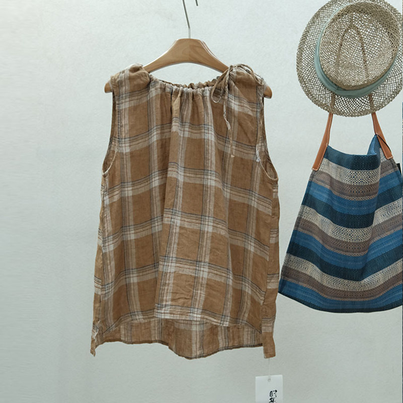 复古森系甜美背心夏季新品一七然系带领格子减龄百搭麻料无袖衬衣