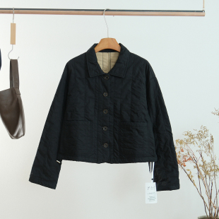 一七然冬季新品时尚高级感复古黑色棉服女条纹压线减龄保暖外套