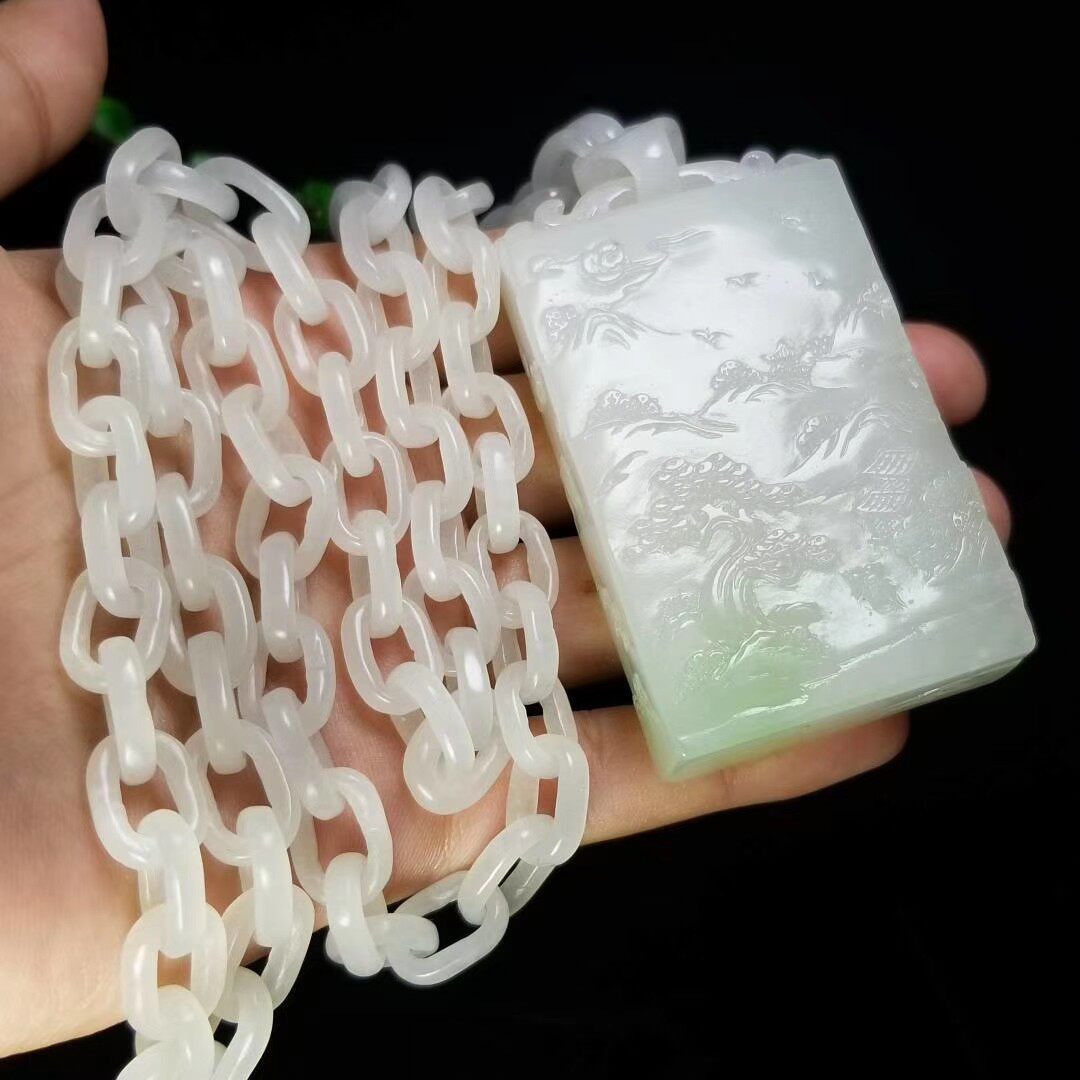 和田玉青海料翠青山水牌一体链和田玉山水牌一体链和田玉挂件玉牌