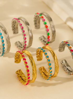 跨境热销不锈钢镀18k金滴油戒指欧美油压开口戒指女简约风高级感