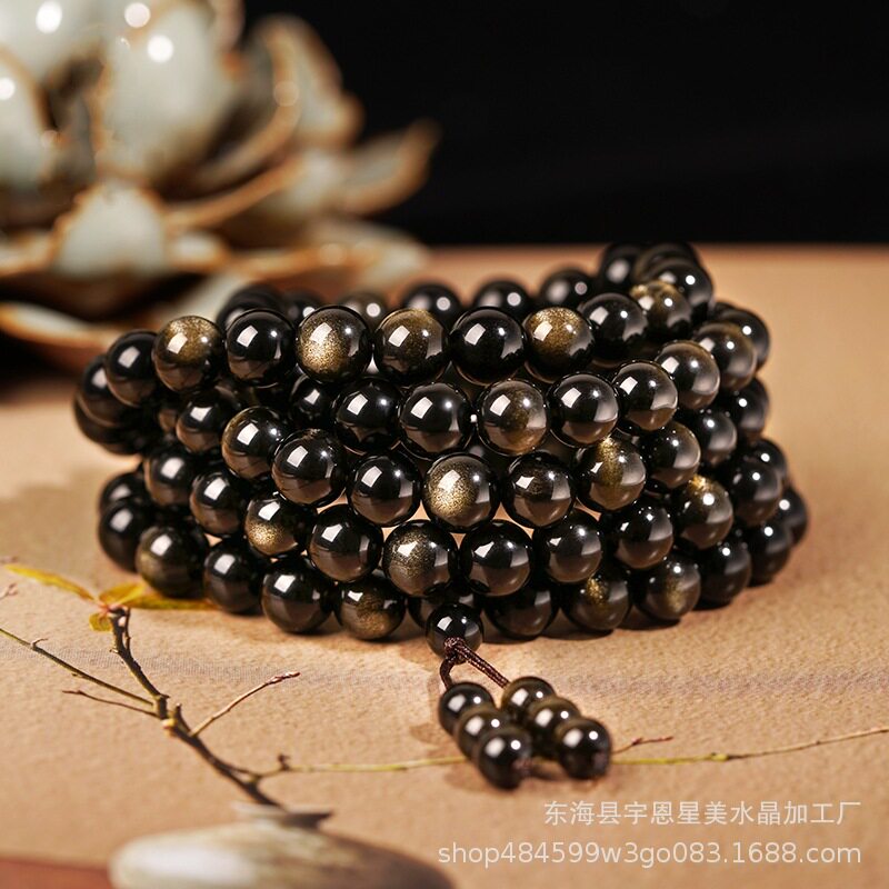 天然黑曜石108颗佛珠手串男金曜石冰种乌金黑曜石手链女情侣串珠